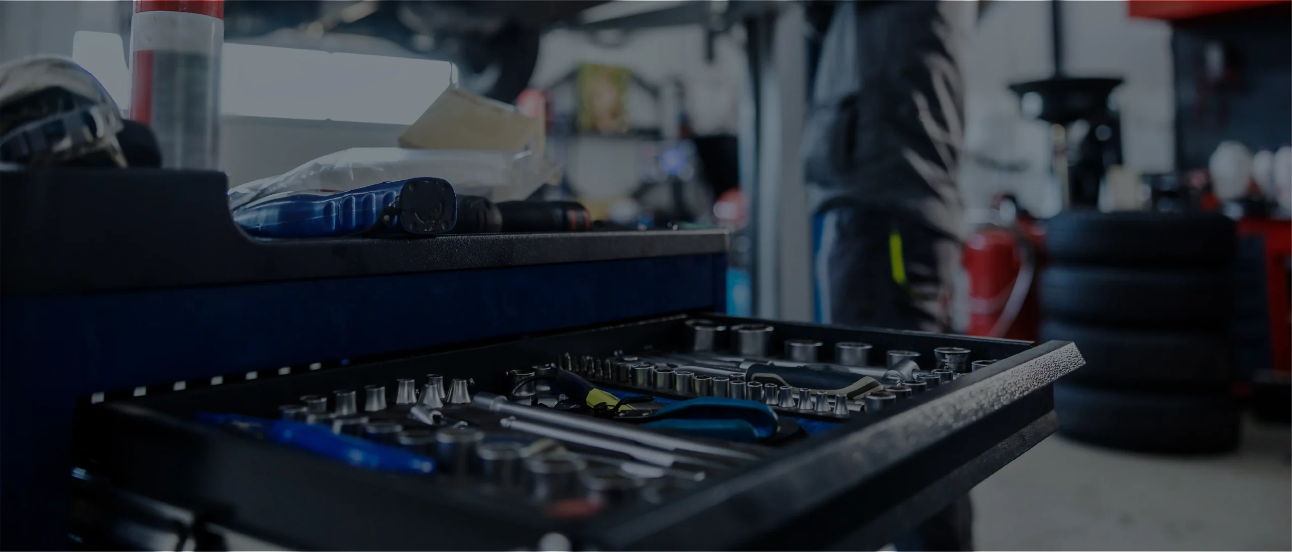 Set of tools on workstation for auto mechanic