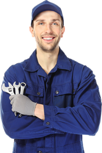 mechanic in blue holding 2 wrenches small cutout