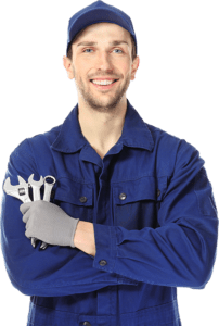 mechanic in blue holding 2 wrenches cutout